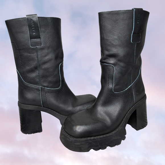 Miista Shoes - E8 Mista Daiane Black Chunky Square Toe Lugged Sole Heeled Boots Sz 7.5 38 EU